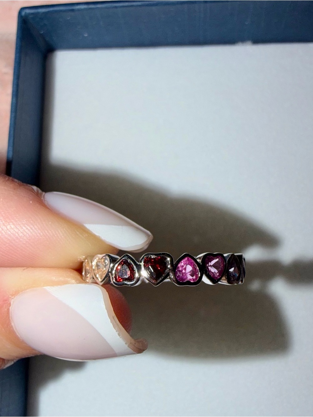 Silver Bezel Ring with Multicolored Moissanite Hearts